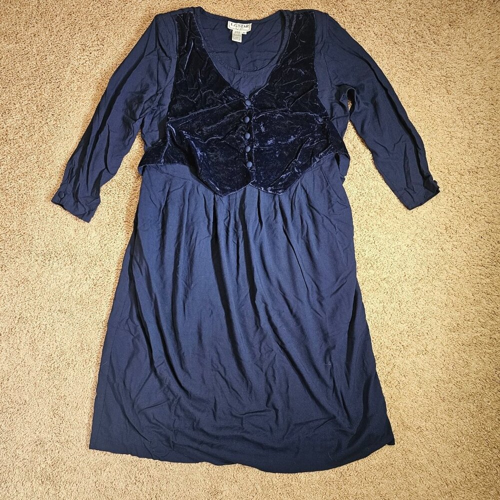 Vintage LG Star Dress Womens 18W Blue Velvet Vest Overlay Shoulder Pads 90s